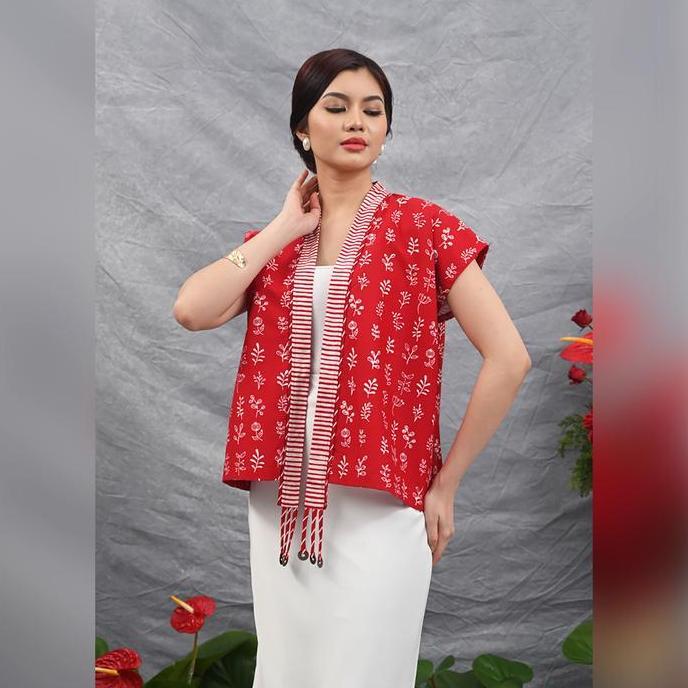 Grosir Nona Rara - Outer Koin Short Garut Merah Putih T4533, Baju Kerja Batik Outer Wanita Modern