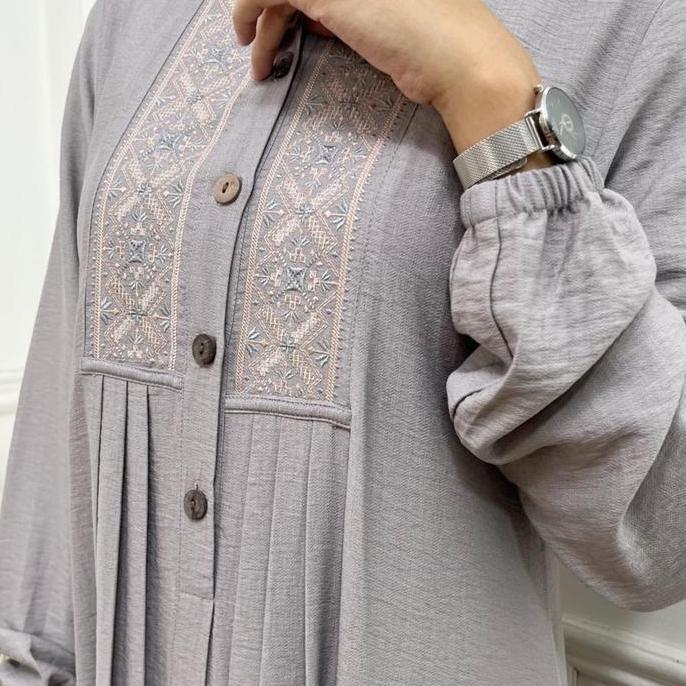 Grosir Arumi Dress - Gamis Bordir Polos Wanita Linen Crinkle Premium