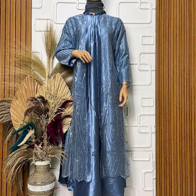 Grosir Motif Turky Gamis Satin Kristal Kombinasi Tile(Spingkel) Dress  Wanita Muslim