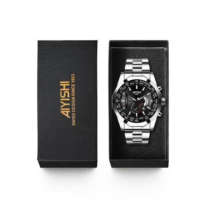 FREE ONGKIR AIYISHI JAM TANGANPRIA KALENDER KUARSA TALI STAINLESS STEEL BISNIS SANTAI JAM TANGAN COW