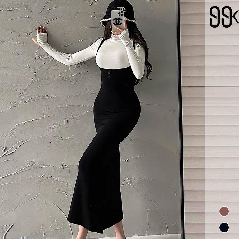 One Set Turtle Neck Long Sleeve Top + Strap Midi Dress 1570 (S/M/L/XL)