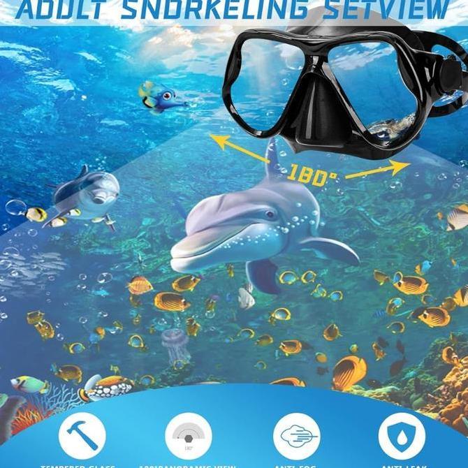 Set Kacamata Renang Snorkel Diving Anti-kabut Kaca Tempered / Masker Selam Anti-kabut Bingkai Besar 
