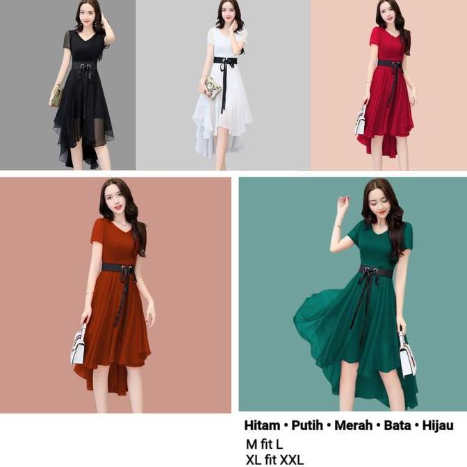 Premium Midi Dress Korea Lengan Pendek Wanita Layer Sifon Asimetri Moody Putih Cantik