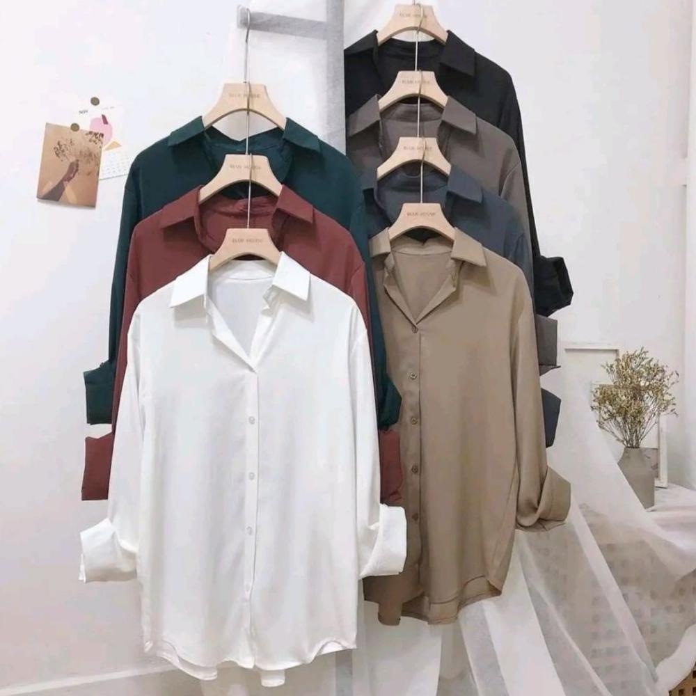 CUCI GUDANG Kemeja Polos Wanita Katun Lengan Panjang Bahan Lembut Kualitas Premium Putih Hitam Blues