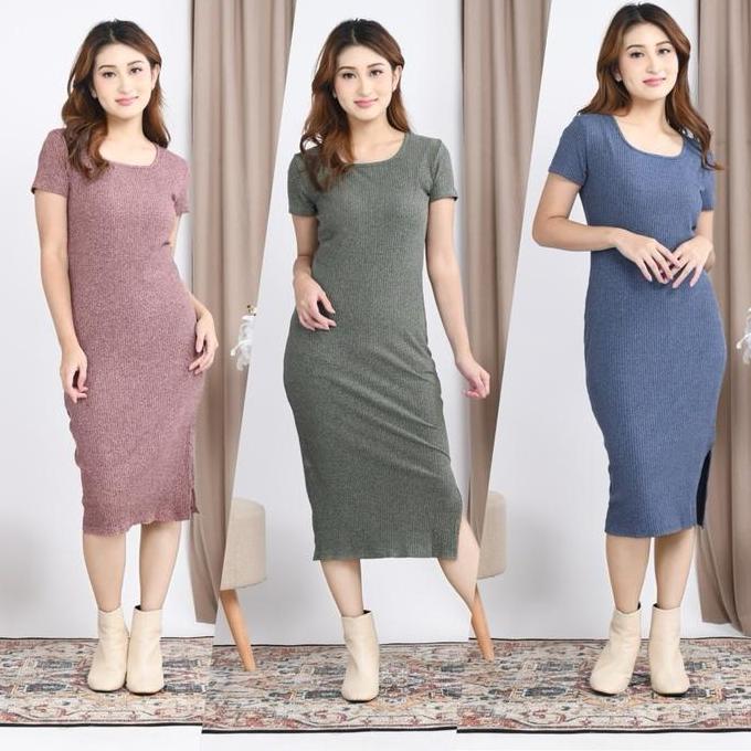 Disc Gaun Knit Dress Korean Style Dress Bahan Knit L Fit Xl Ld90-110 Bodycon Nyaman Dres Viral  Baju