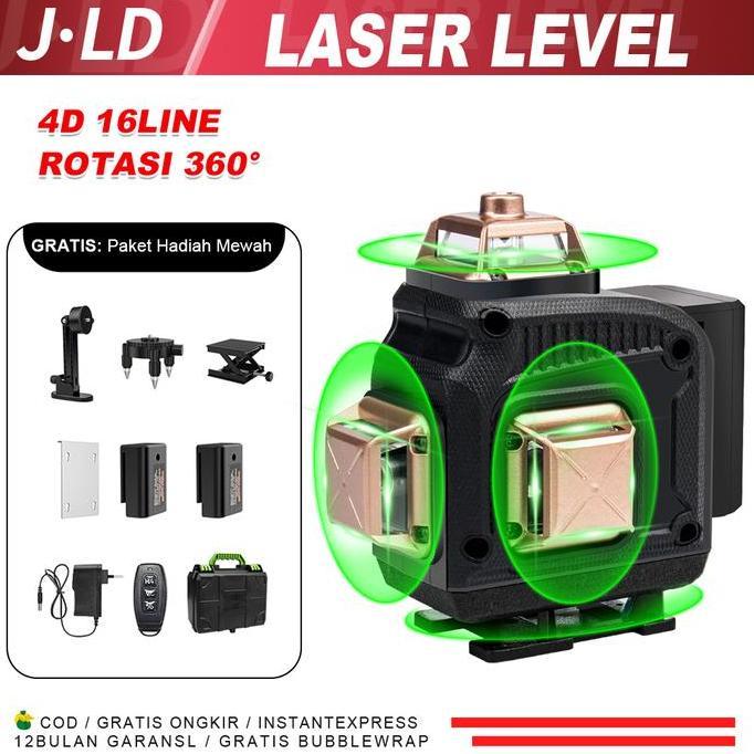 J.LD Laser Level 4D Line Laser Level 16-line Green Laser Tripod Horizontal Vertikal 360 Derajat Self