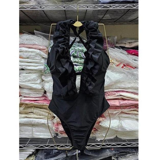 RINA BLACK RUFFLE V neck swimsuit one piece woman premium / korean swimwear / beachwear bali / monok