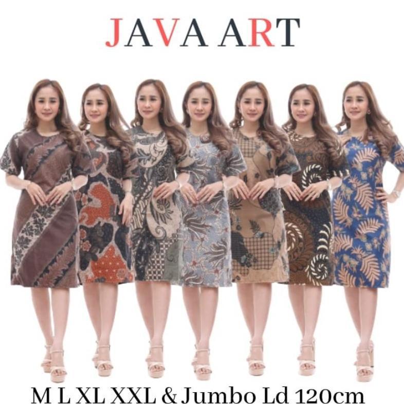 HOT JAVA ART - BAJU DRESS WANITA MODERN MODEL TERBARU MOTIF BATIK LENGAN PENDEK SELUTUT PARTY NATAL 