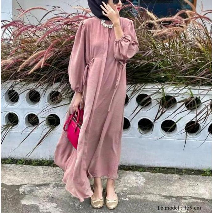 Termurah Dress Polos Linen Tali Pinggang Hazzel Best Seller Fit Kain Kancing Panjang Mewah Wanita Ka