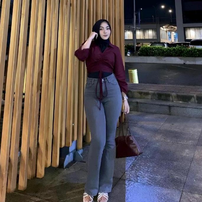 Premium Highwaist Cutbray Jeans Wanita Stretch | Celana  Jeans Cutbray Bahan Melar Trend Grey Premiu