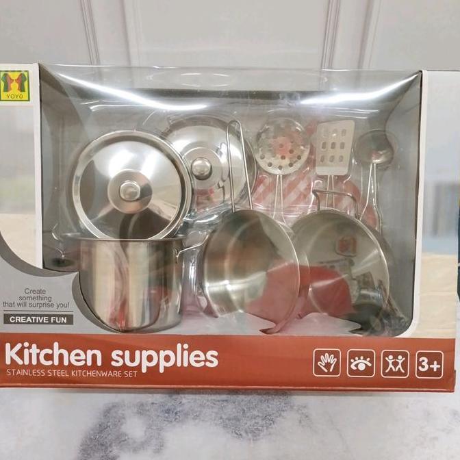 Thebest- Mainan Anak Kitchen set Stainless / Kitchen Supplies / Panci Metal Alat Dapur Peralatan Mas