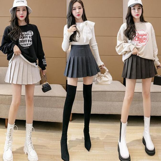 Griloff- Onefashionmall Cw009 Women Mini Skirt Rok Tennis Rok Celana Pendek Polos Model Lipat Pleate