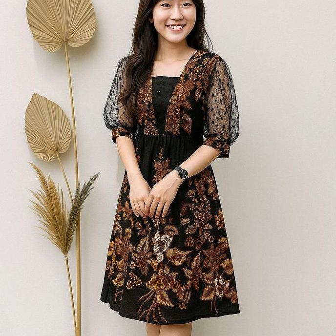 Berkualitas Model Korea Dress Batik Premium Baju Pesta Mewah Kombinasi Tile Elegan Murah Terbaru