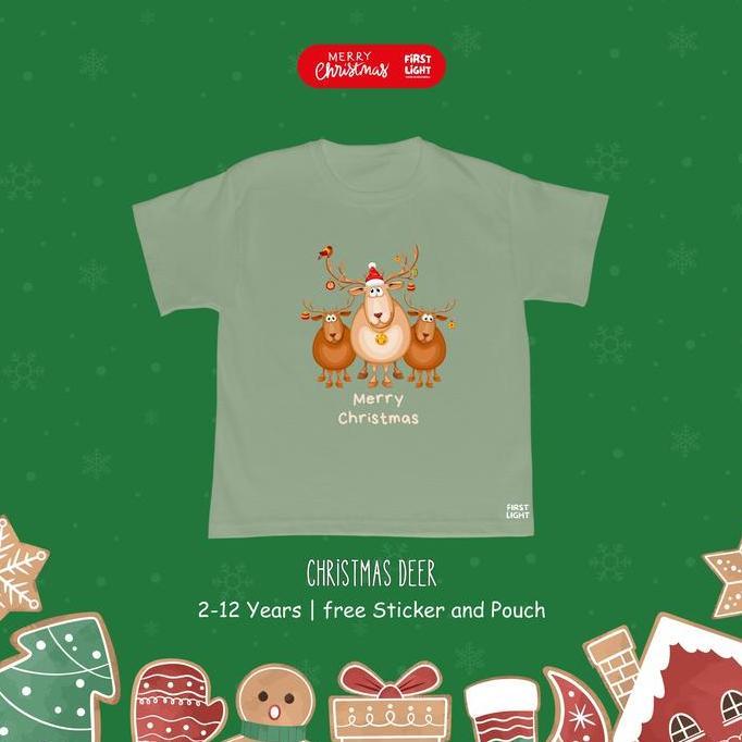 First Light - Kaos T-shirt Anak Natal - Christmas deer - Warna Sage Green (TERBAIK) (TERBARU) (TERMU