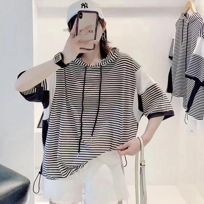 KAOS HOODIE GARIS HITAM PUTIH PANEL POLOS OVERSIZE KOREA IMPORT ~ DEFECT SALE