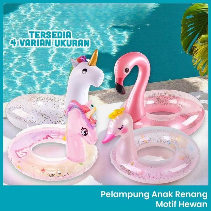Pelampung Renang Duduk Motif Animal Glitter Flamingo Angsa Unicorn Rainbow Pony PVC