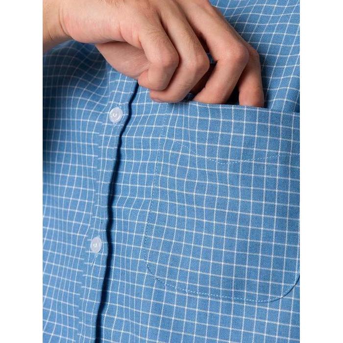 [BUNDLING] Kemeja Koko Pria Kotak Garis WOODCUTTER Collarless Plaid Shirt Kerah Shanghai - Light Blu