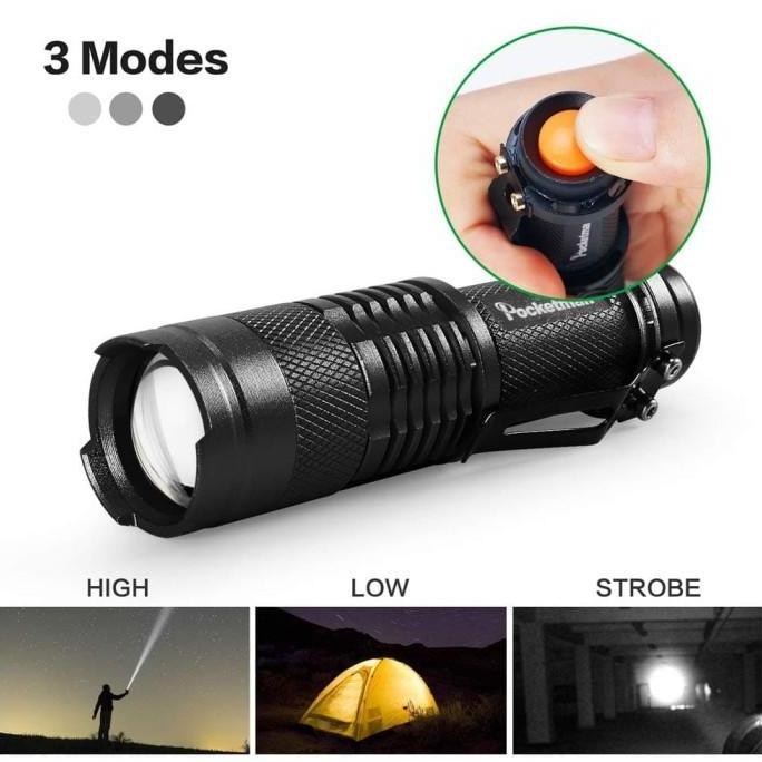 Bestone- Pocketman Senter LED Flashlight Police SWAT Mini Zoom Camping Anti Air
