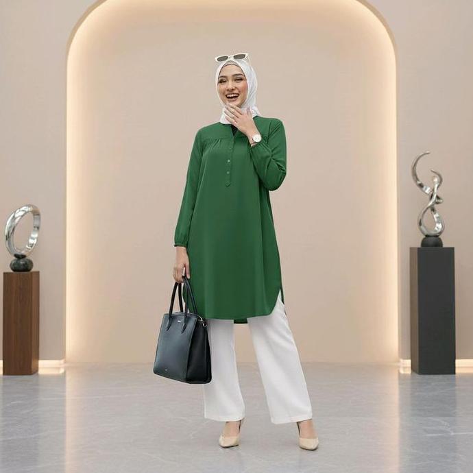 Tunik Wanita Lengan Panjang Katun Viscose Hijau Botol Size L-6L Nyaman Busui Friendly Tunik Polos Ad