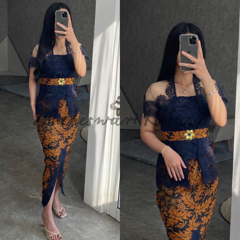 Murah  Kebaya Bali Set Brukat Wisuda Rang Rang Navy