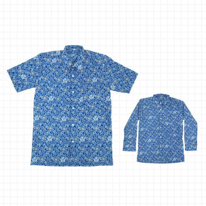 BEST SELLER / PREMIUM Baju Atasan Seragam Batik Sekolah SMP/SMA Motif Bunga Rampe Biru Pria Wanita L