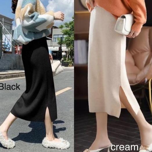 Knit Midi Skirt Slit Skirt Rajut Slit Midi Knit Skirt Rok Winter