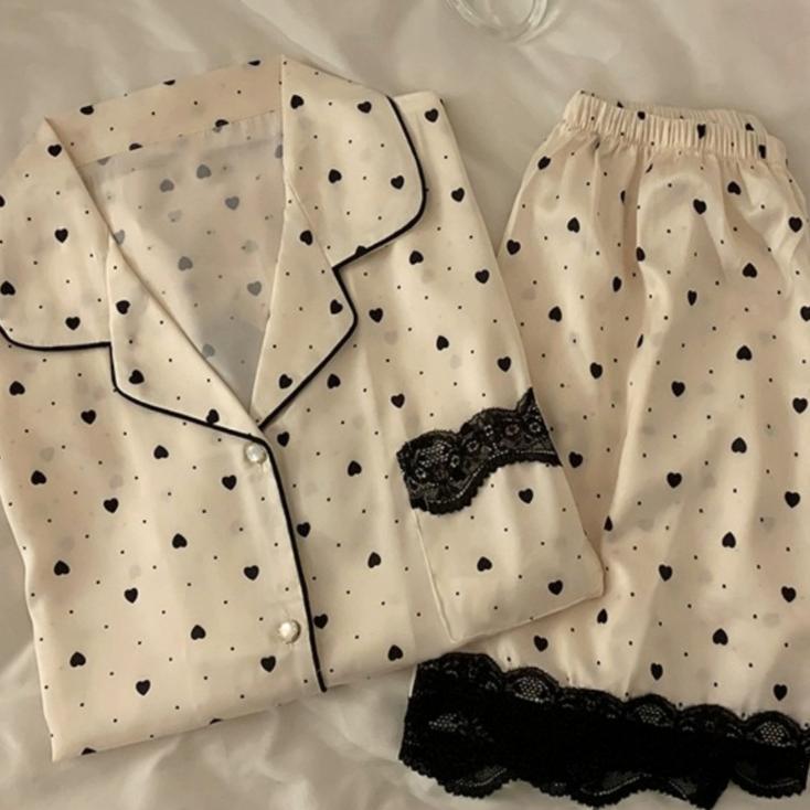 Baju Tidur Wanita BS-5093 Set Lengan Pendek Celana Pendek Piyama Ice Silk Tipis Motis Hati Baju Ruma