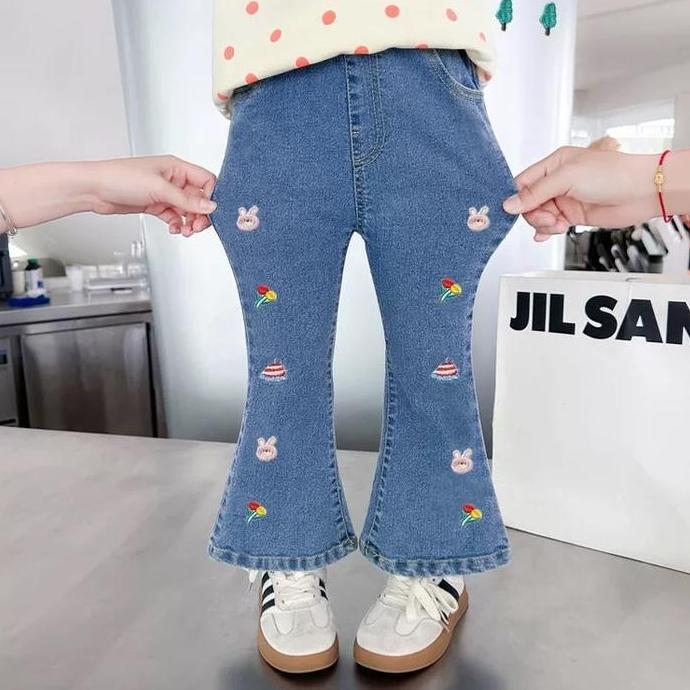 DS16 - Celana Jeans Cutbray Import Anak Perempuan Model Terbaru 1-10 Tahun dengan Motif Bordir Fashi