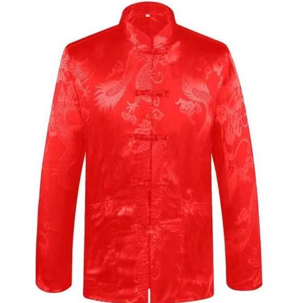 Promo Baju Imlek Cheongsam Pria Lengan Panjang Motif Naga Satin Sutera Import