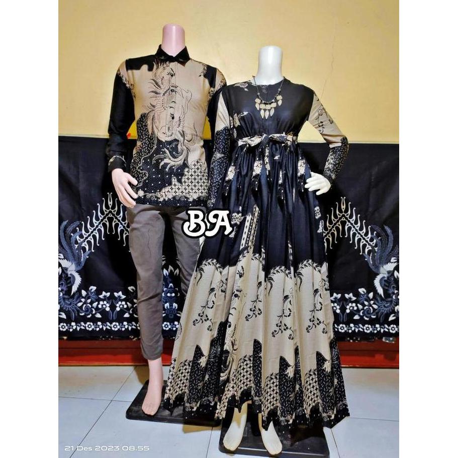 Baju Batik Couple Kemeja Batik Lengan Panjang Gamis Batik Cantik Motif Sineret Rumput Laut Orange Mo