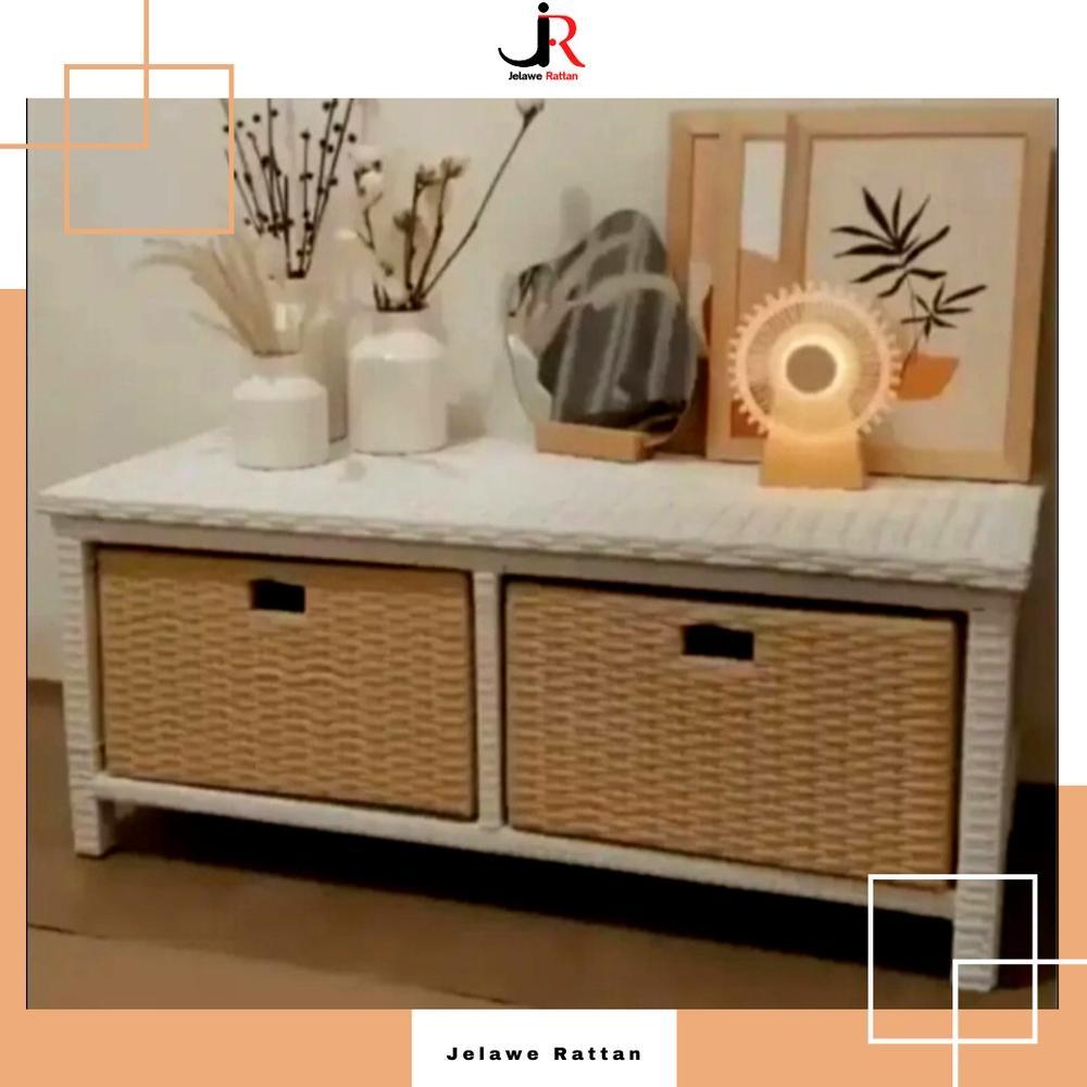 Lemari Laci Susun 2 Samping Bufet TV Rak Penyimpanan Serbaguna Rotan Sintetis