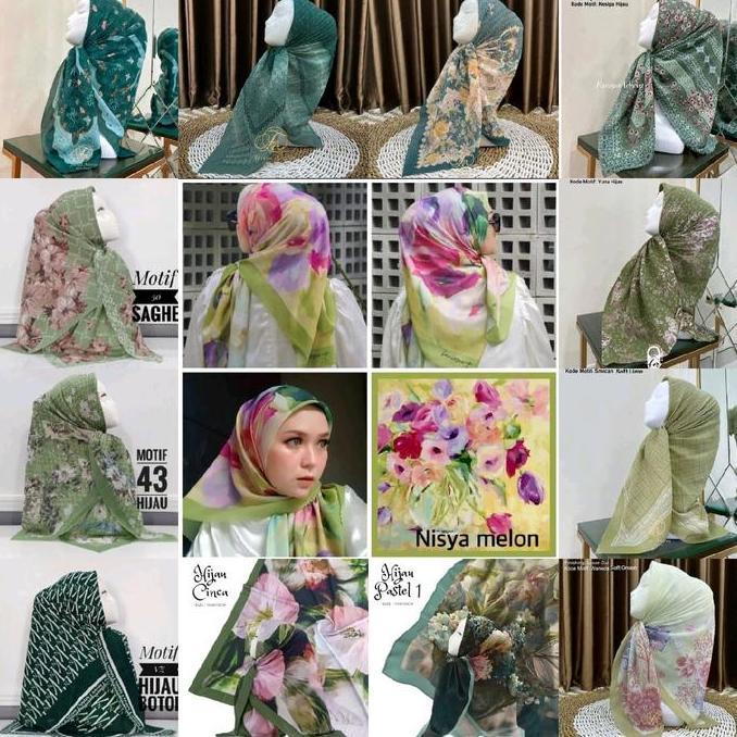 Thebest- Edisi Hijau - Hijab VOAL MOTIF PREMIUM Hijau Jotol Emerald Tosca Sage Jilbab Segiempat Lase