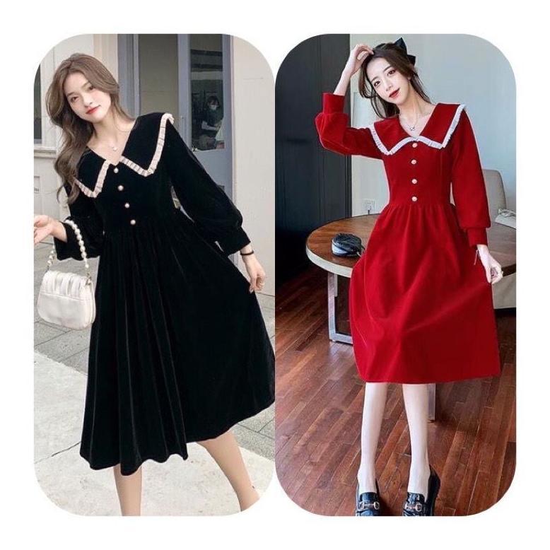 FREE ONGKIR D21 DRESS KOREAN VELVET BLUDRU LENGAN PANJANG KERAH COLLAR / MIDI DRESS / VINTAGE DRESS 