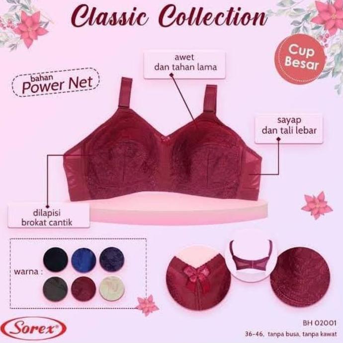 Sorex Bra Wanita Brokat Jumbo Classic 02001 - Bh Tali Besar Tanpa Kawat Kancing 3, Busa Tipis Nyaman