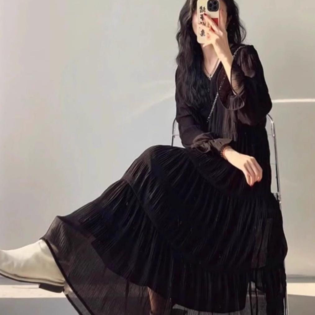 bestpromo gaun sifon lengan panjang musim gugur gaya putri prancis dress putih polos m505