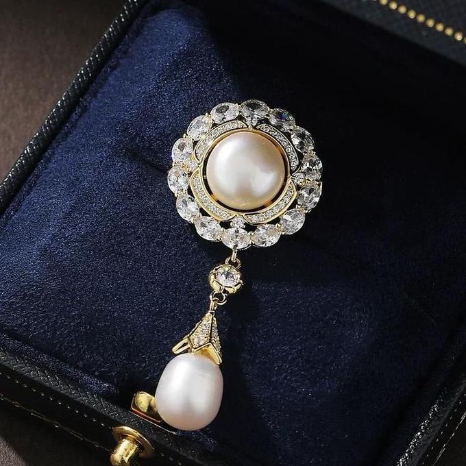 Bros Mutiara Asli Bros Dagu Vintage Mewah Elegan Emas Putih Hijab Hadiah Bros Kebaya Jas Terbaru Cli