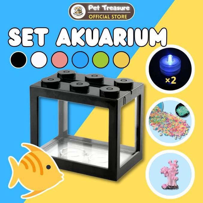 fazazenn - set akuarium mini akrilik 12x8cm lengkap dengan lampu led warna warni 2pcs batu bercahaya