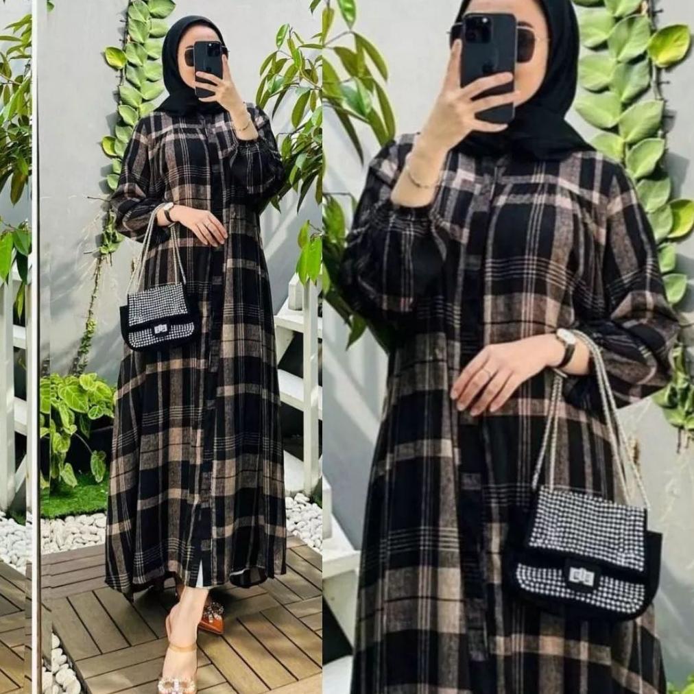 PREMIUM GAMIS GAURI DRESS RAYON MOTIF KOTAK KOTAK TERBARU