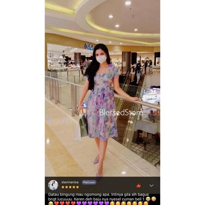 Promo D0371 MARIPOSA KOREAN STYLE VINTAGE MIDI DRESS FLORAL LAVENDER LILAC UNGU PESTA SQUARE NECK BU