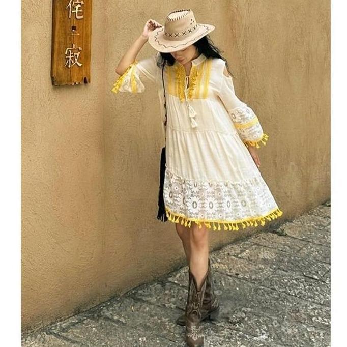 Promo Mini Dress Boho Tribal Baju Terusan Bohemian Tassel Rumbai Summer Pantai Bali Liburan Diskon