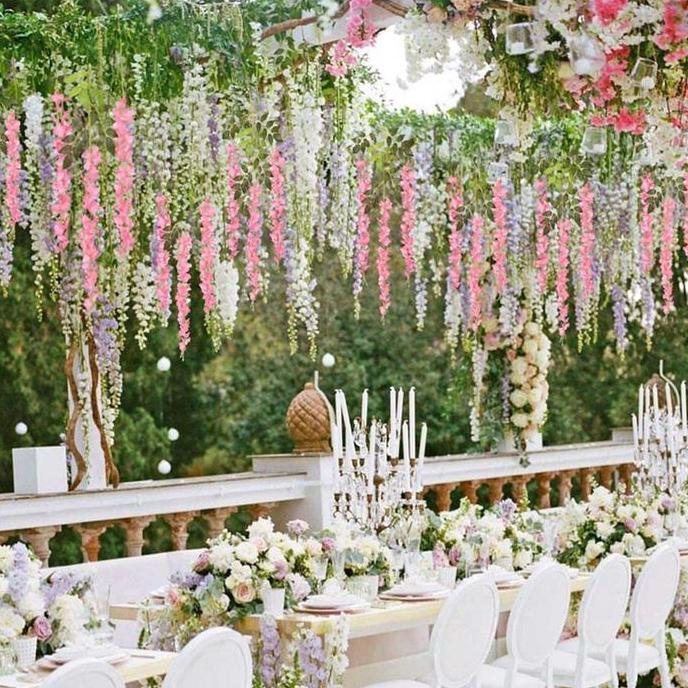 Slowby- [1 Lusin ] Wisteria Gantung Besar / Bunga Juntai Wisteria (12 Pcs) Merah Plastik Putih Tanam