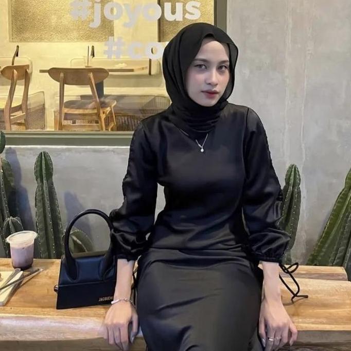 DARLA DRESS LENGAN SERUT / GAMIS SATIN SERUT Wanita Dewasa Gaun Lebaran Pesta Muslim AS