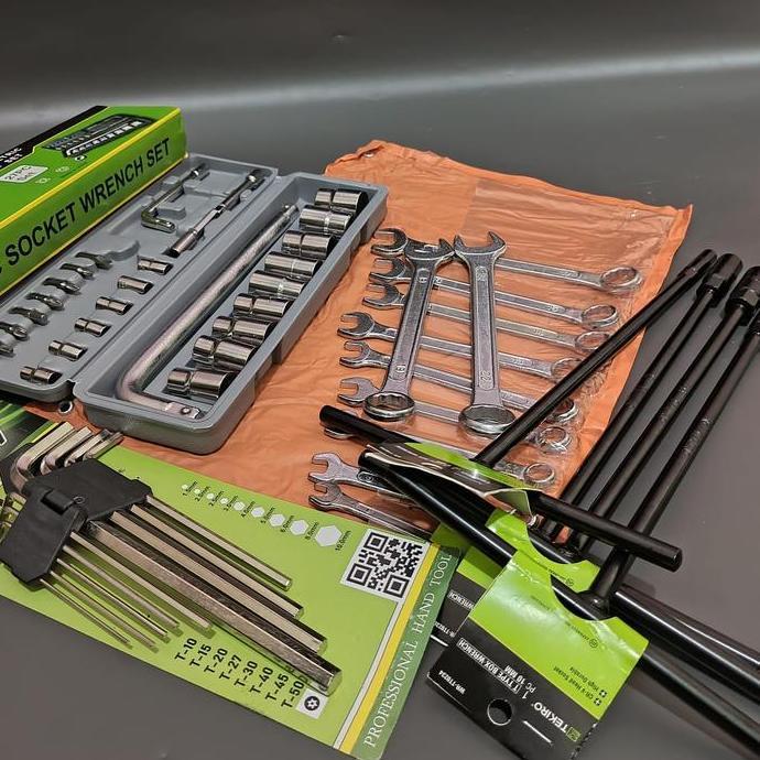 DAGSSTOREE - PAKET BENGKEL TEKIRO KUNCI T SET 4 PCS + KUNCI RING PAS 11 PCS + KUNCI SHOCK 27 PCS - L