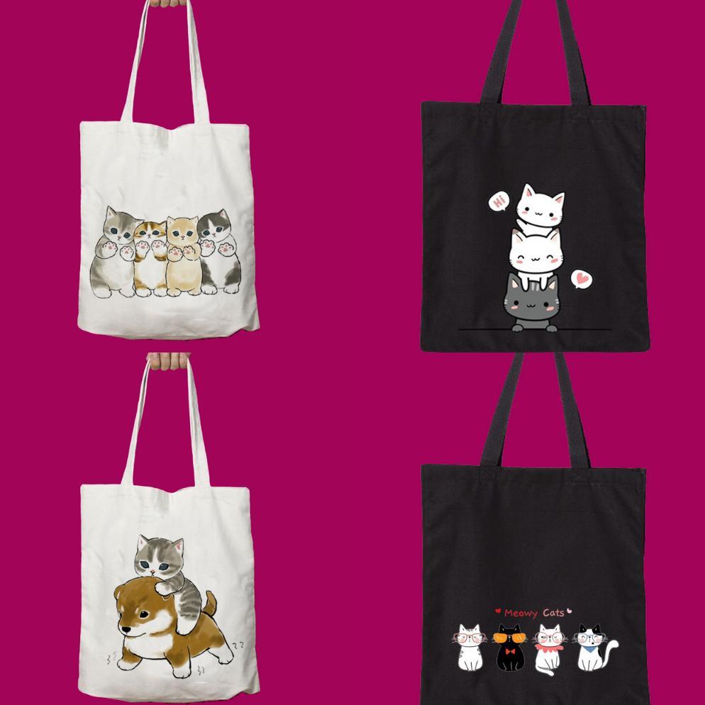 Official Totebag Tote Bag Motif Cat Kucing Lucu Kanvas Korea Tas Goodie Bag Ulang Tahun Anak Cute