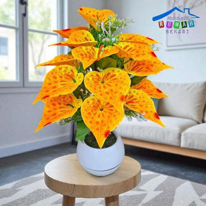 Promo Bunga plastik anthurium Aron panda 18 kuntum bunga dengan pot dekorasi model bola Diskon