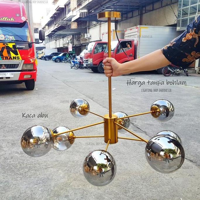 Lampu gantung grey 8 lampu gold modern kaca teh abu ruang kamar