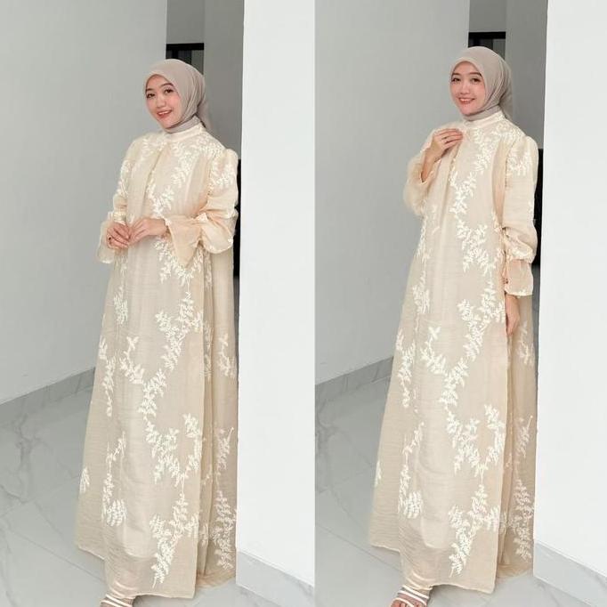 DF402 - Joley Cloth - Artha Gamis Mewah Bordir Full Furing Dress Ivory Outfit Raya Kondangan Baju Le