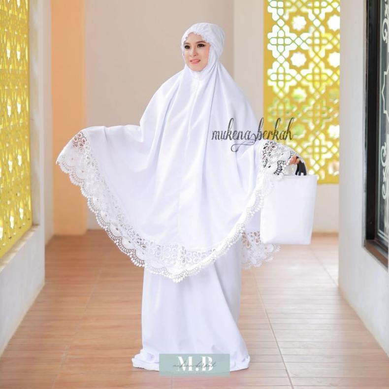 Terbaru Mukena Prada Katun Putih Renda Import Mewah Free Tas Cantik
