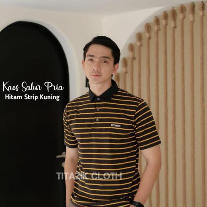Kaos  Polo Pria Motif Salur Tangan Pendek Garis Kain Putih Kuning Merah ANG