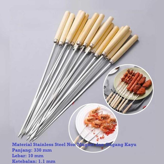 Tusuk Sate BBQ Reusable 33cm Gagang Stainless Steel Wood Isi 50pcs [terbaik]